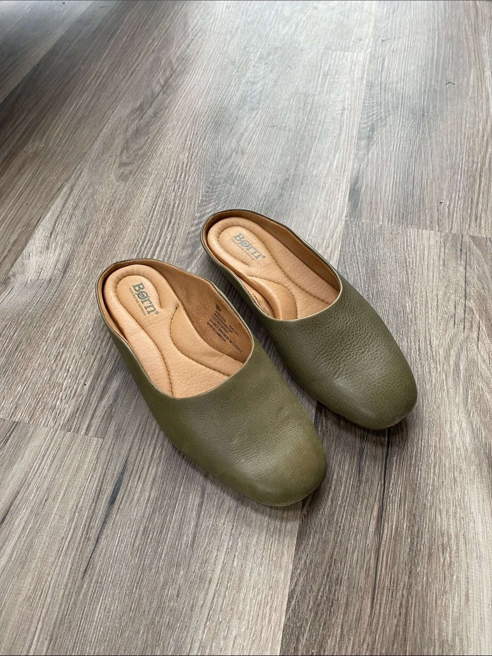 Born Olive Green Leather Slip-On Mules